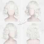 BARSDAR Short Wavy White Wig with Bangs - Short White Bob Wigs for Women - Curly Wavy Textured French Bob Wig with Bangs Soft Synthetic Natural Looking Face-Framing Daily Party Halloween