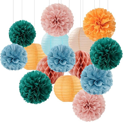 Dusty-Blue Orange Teal Party-Decorations Paper-Flowers by Hugfond