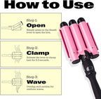 Trademark Beauty Three Barrel Hair Waver, Curling Iron, 1.25 Inch, Beach Waves, Adjustable Temperature Hair Curler, Babe Waves Jumbo - Pink