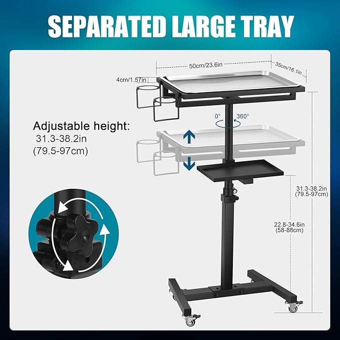 POARMEEY Salon Tray on Wheels, Premium Stainless Steel Tattoo Tray Rolling Trolley, Adjustable Service Rolling Tray Hairdresser Cart with Clinic Spa Rolling Tray Wheels (Black)