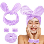 Face Wash Headband and Wristband Set Fashion Spa Headband, Coral Velvet Face Wash Set for Women, Adjustable Makeup Headbands Hair Band for Washing Face, Facial Skincare (Purple)