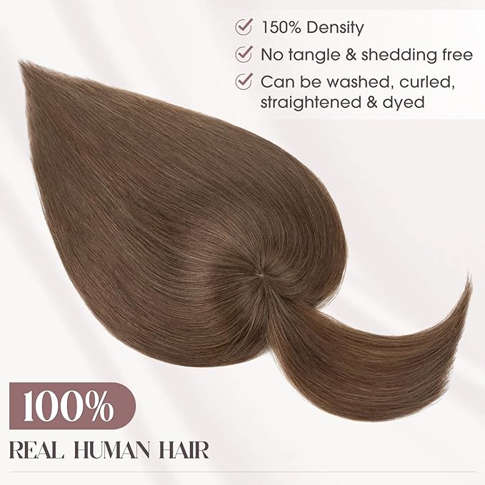 MY-LADY Human Hair Toppers for Women Real Human Hair with Bangs Thin 8.5 * 8.5CM Mono Base Clip in Remy Hairpieces Light Weight 12 Inch Medium Brown