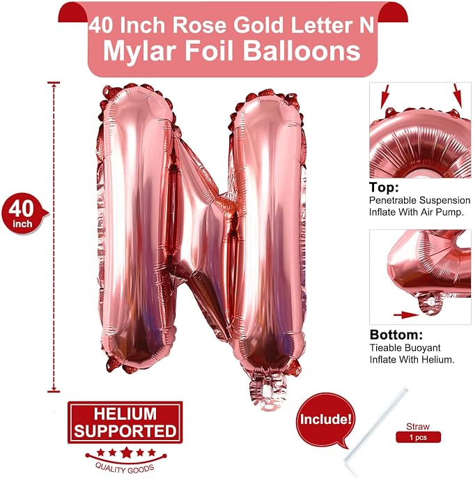 Lovoir 40 Inch Large Rose Gold Letter N Balloons Big Size Jumbo Mylar Foil - Image 2