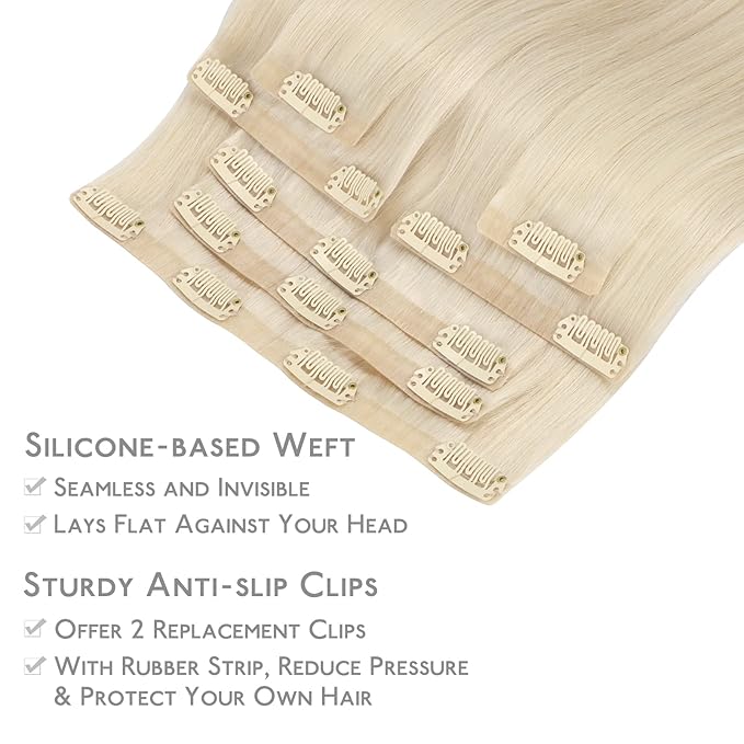 WENNALIFE Seamless Clip In Hair Extensions Human Hair, 20 Inch 150g 7pcs Platinum Blonde Real Hair Extensions Clip in Human Hair Invisible PU Skin Weft Natural Remy Human Hair Extensions