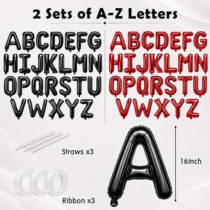 52 Pcs Letter Balloons Black Red Balloon Banner 16 Inch 2 Sets A- Z Alphabet - Image 2