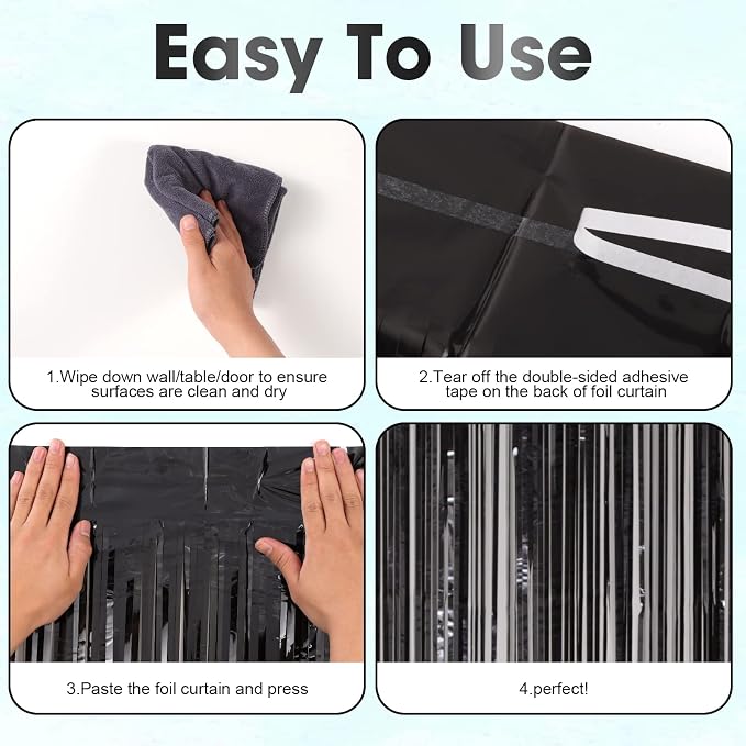 Voircoloria Black Foil Fringe Backdrop Curtains, 3 Pack | Tinsel Streamers - Image 4