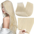 Full Shine Tape in Hair Extensions Human Hair One Piece 50G Remy Tape in Weft Human Hair Extensions Color 60 Blonde Genius Weft Pu Wide Tape Double Sided Adhesive 20Inch Silky Straight for Influencer