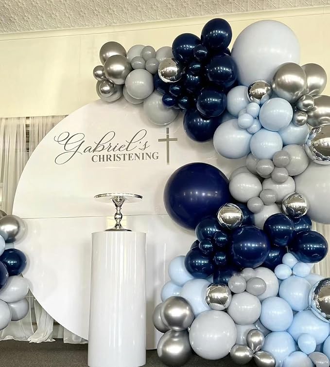 140 Pack Silver Navy Gray Macaron Blue Balloons Garland Arch Kit - Image 3