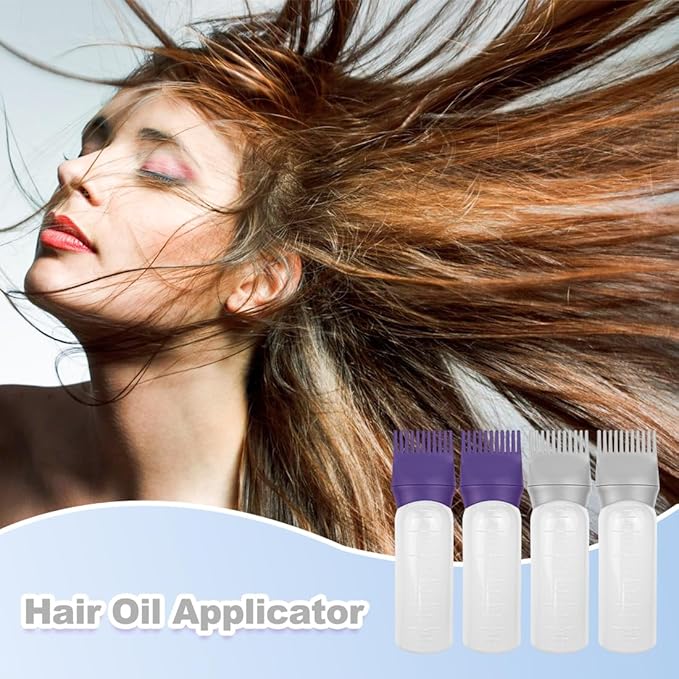 ELANE 4 Pcs Root Comb Applicator Bottle, 6oz, Hair Oil Applicator Bottle for Hair, Dye, Shampoos, Salons, Camping, Traveling (Purple+Grey)