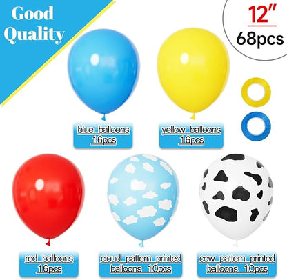 68Pcs Red Yellow Blue Toy Balloons 12 Inch Light Blue Cloud Cow Print Balloons - Image 3