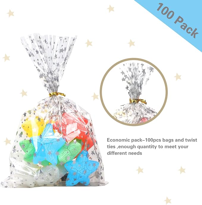 100 Pcs Star Printed 6"X 10" Gift Wrap Cello Cellophane Treat Bags Party Favor - Image 3