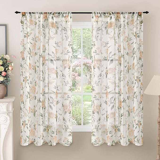 Floral Sheer Curtains for Bedroom Window 63 Inch Length 2 Panels, Farmhouse by Lajode