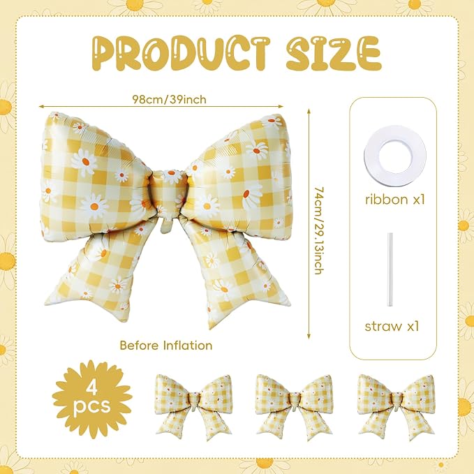 4 PCS Daisy Bow Balloons, Large Yellow Gingham Coquette Foil Balloon Set | - Image 2
