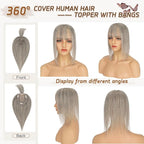 Rich Choices Real Human Hair Toppers for Women With Bang 100% Remy Human Hair Topper for Thinning Hair Clip in Silk Base Hair Topper 14 Inch Salt and Pepper G2 Silver
