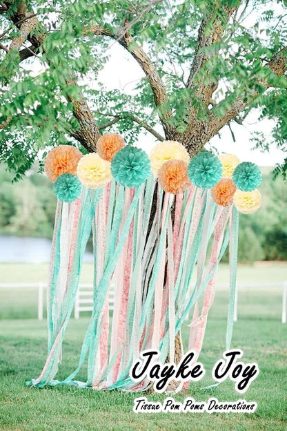12 Pcs Tissue Paper Pom Poms Mint Peach Beige Mixed Sizes 8" 10" 12" - Image 5