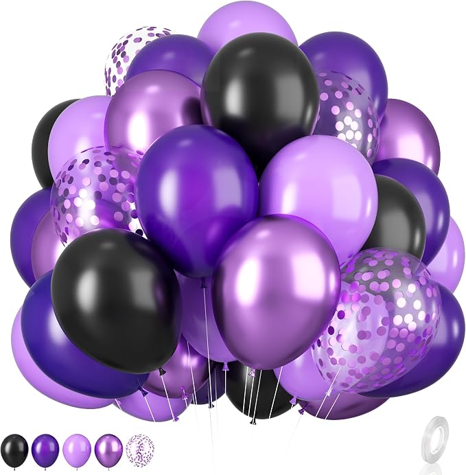 Purple and Black Balloons, 12 Inch Metallic Purple Dark Purple Black Balloons by BIAPIAN