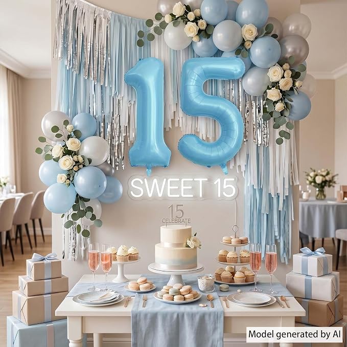 Pearlescent Blue Number 15 Balloon 40 Inch, Large Light Blue Foil 15th Birthday - Image 2