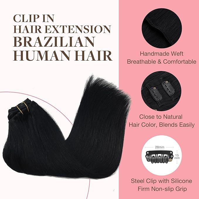 GOO GOO Clip in Hair Extensions Real Human Hair, Remy Human Hair Extensions Clip ins for Women, Natural Human Hair, 18inch 120g 7Pcs, 1 Jet black