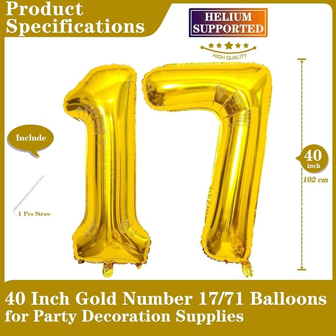 Gold 17 Number Balloons, 40 Inch Giant Number 17 Balloons Foil Mylar Helium - Image 2