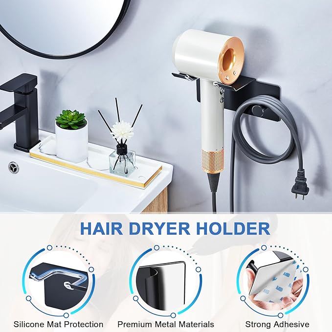 Hair Dryer Holder Wall Mounted, Blow Dryer Holder Adhesive, Metal Hairdryer Holder for Bathroom, Hair Tool Organizer with Plug&Cord for Cabinet Bathroom Bedroom Barber Shops