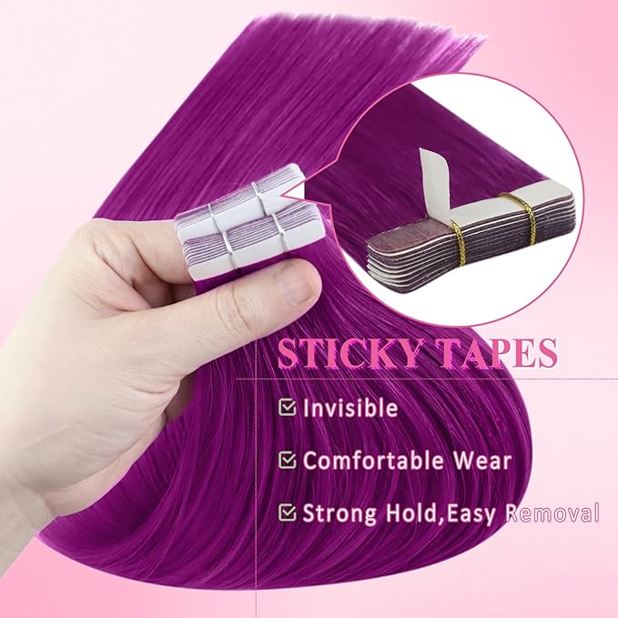 YoungSee Tape in Hair Extensions Purple Human Hair Tape in Extensions Purple 22In Colorful Tape on Hair Extension Real Human Hair Long-Hair Colored for Kids 10pcs 25g