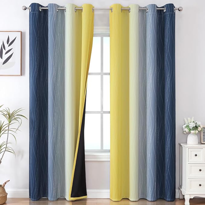 Navy Blue and Yellow Gradient Blackout Curtains by ESTELARTEXTILER