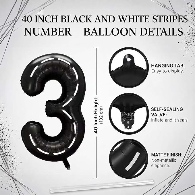 Black and White Stripes Number 3 Balloon 40 Inch, Race Car Party Sign | Graphic - Image 4