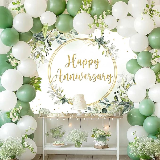 7x5ft Happy Anniversary Backdrop Sage Green Eucalyptus Wedding Anniversary - Image 3