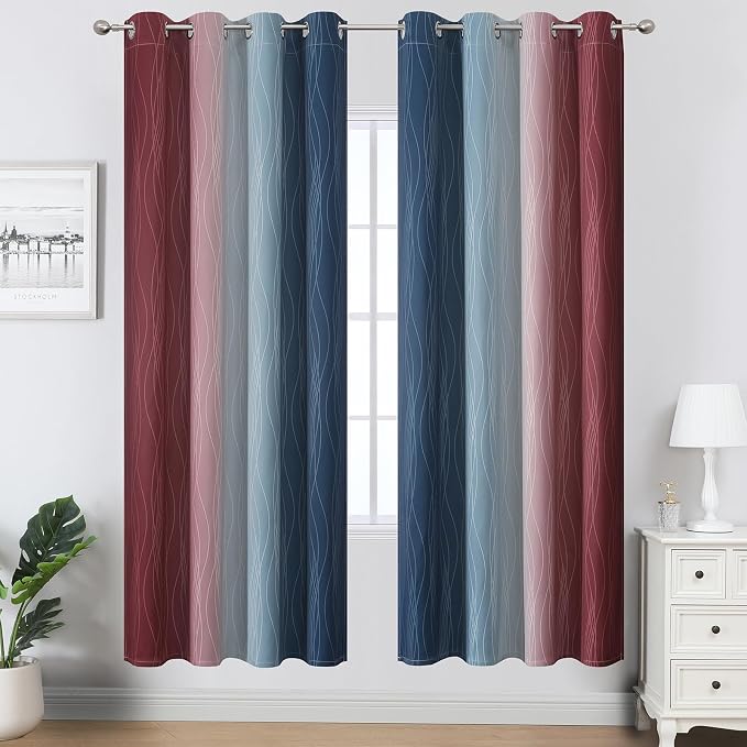 Navy Blue and Burgundy Red Ombre Blackout Curtains - Image 2
