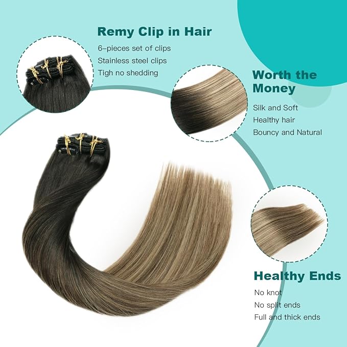 SURNEL Clip in Hair Extensions Natural Black to Chocolate Brown and Caramel Blonde Human Hair Clip in Extensions 20inch 6pcs 120g(#1B/4/27,20'')