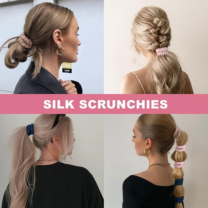 6Pcs Silk Hair Ties Small 22 Momme 100% Pure Mulberry Silk Scrunchies for Women Girls Thin Skinny Hair Sleep Scrunchies No Damage(Color 06)