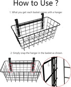 MaraFansie Basket with Hook, Grid Storage Basket, Over the Cabinet Door Organizer, Wire Hanging Basket with Hook Over the Railing, Under Sink Kitchen Cabinet, Pantry, Bathroom, Black, 4 Pack