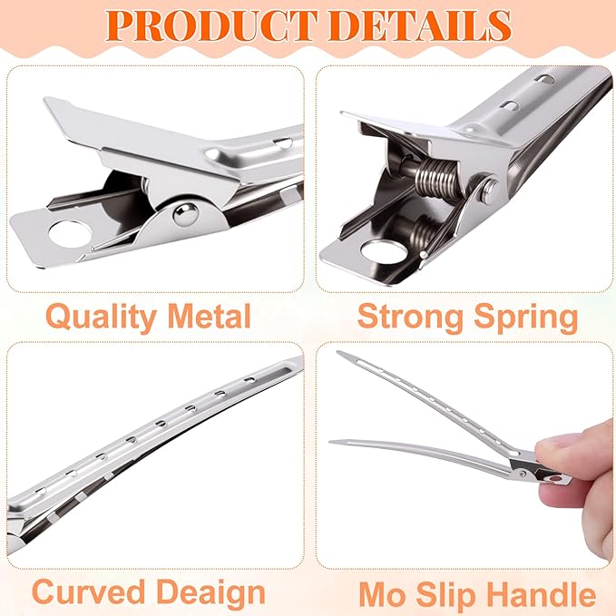 8 Pcs Hair Clips for Styling, Duck Bill Clips, Rustproof Metal Alligator Pin Curl Clips, Duck Billed Hair Clips, Hair Sectioning Clips, Duck Clips for Hair, Curls (Silver, 3.54, 1.77 inch)