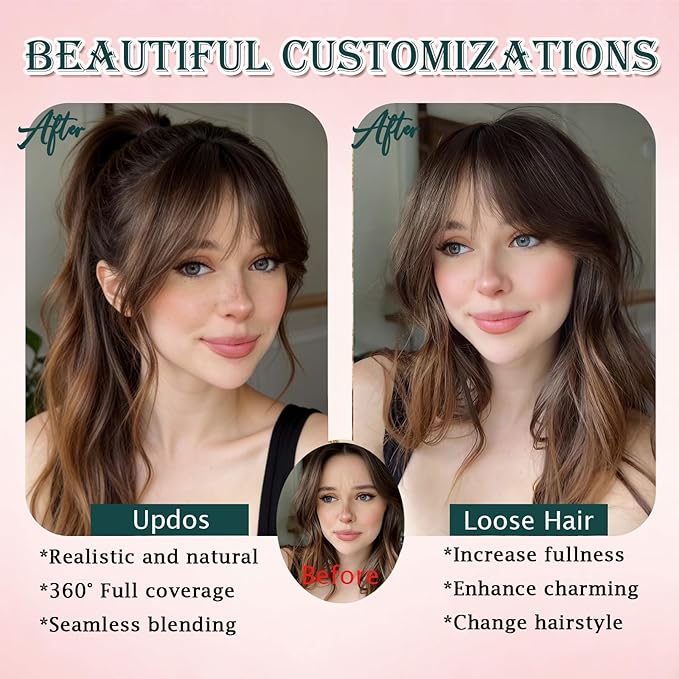 Benehair Clip in Bangs 100% Real Human Hair Extensions 360° Cover Clip on 3D Wispy Bangs for Women Topper Hairpieces for Women Medium Brown