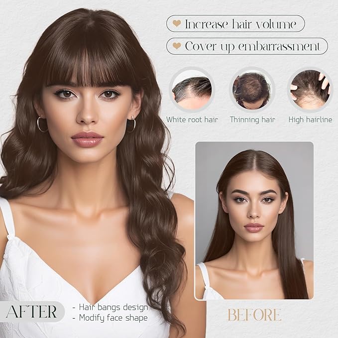 Hairro Real Hair Toppers For Women With Thinning Hair Human Hair Clip In Topper 3D Bangs Hair Clip Handmade Short Toupee Hairpiece With Air Bangs French Bang 11 Inches 21g #02 Dark Brown