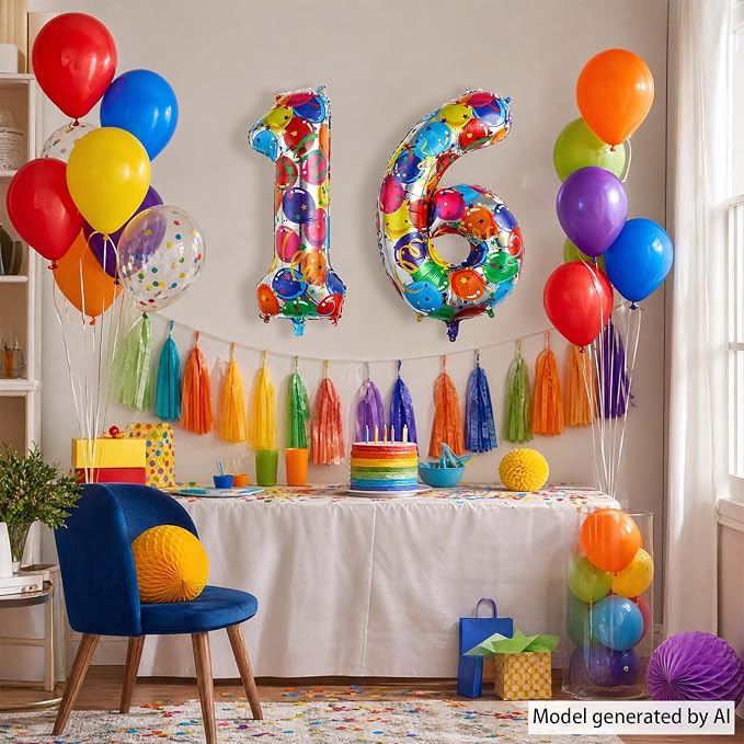 40 Inch Rainbow Balloon Number 16 Balloons, Foil Sweet Sixteen Decor | 40" - Image 7