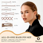 Bobby Pins Set Brown – Hair Kit with U Shape Pins, Spiral Pin & Snap Clips, for Women & Girls, Ideal for Buns, Updos, Weddings & Parties