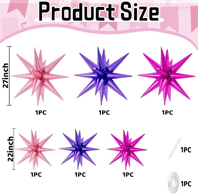 22/27 Inch Hot Pink Purple Star Balloons, Cone Spike Balloon, Aluminum Foil - Image 2