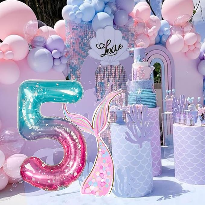 Mermaid Starry 5 Balloons, 40 Inch Giant Teal Blue Purple Mylar Foil Number 0-9 - Image 8