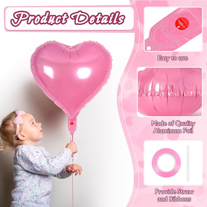 12 Pcs Pink Heart Balloons, 18 Inch Heart Foil Balloons Love Balloon Valentine - Image 5