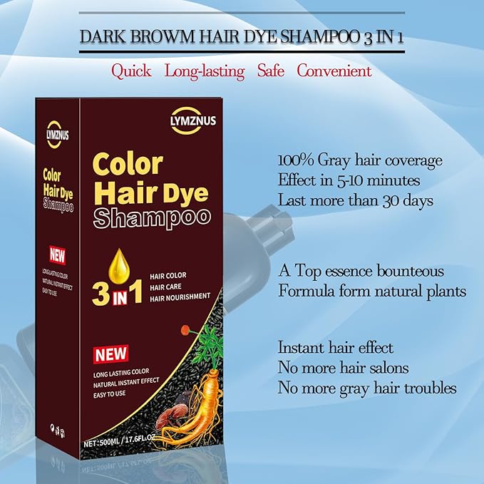 Herbal Dark Brown Hair Coloring Shampoo for Women and Men - 3 in 1 for Gray Coverage, 100% Gray to Brown Hair Color, 500ml