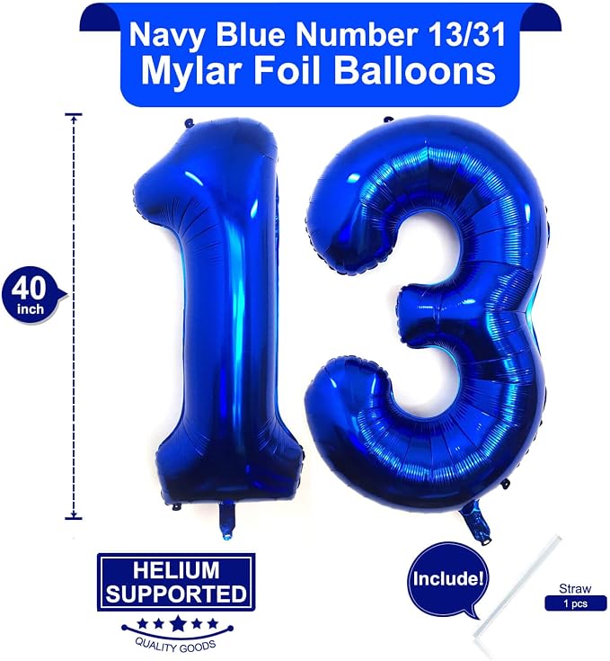 40 Inch Navy Blue 13 Number Balloons Giant 13 or 31 Balloons Navy Blue Birthday - Image 2