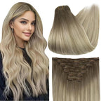Full Shine Clip in Hair Extensions Ombre Blonde Human Hair Extensions Clip ins Light Ash Brown to Brown Highlight Blonde 16 Inch 7 Pcs Invisible Hair 120 G