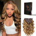 Clip in Hair Extensions Real Human Hair Body Wave #4/27 Chocolate Brown to Honey Blonde 100% Brazilian Remy Human Hair Extensions 8pcs Per Set with 18 Clips Double Weft 22 Inch 110g/3.6oz