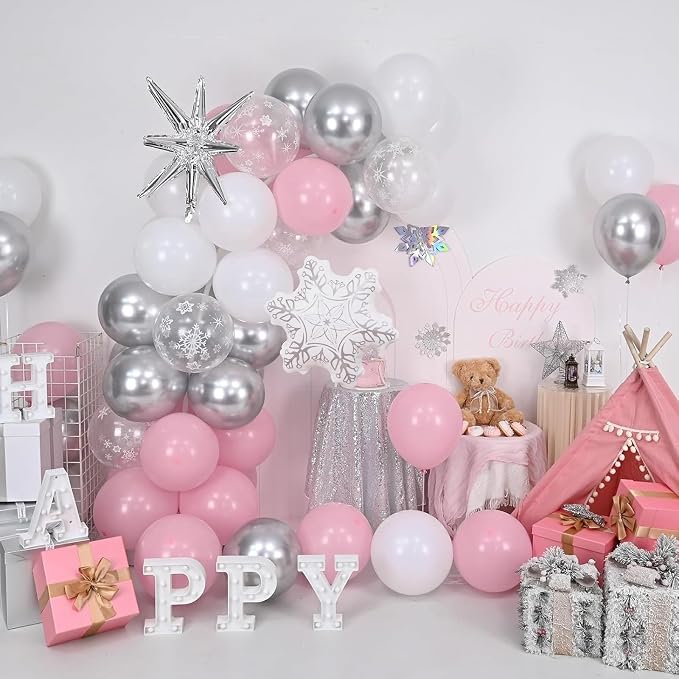 Pink Winter Wonderland Christmas Balloons, 18 Inch White Snowflake Balloon - Image 7