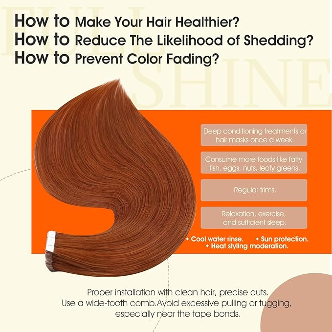 Full Shine Tape Extensions Human Hair Remy Tape in Extensions Color 550 Orange Red Adhesive Seamless Skin Weft Long Extension Add Length 18Inch 50Gram Natural Brazilian for Women 20Pcs