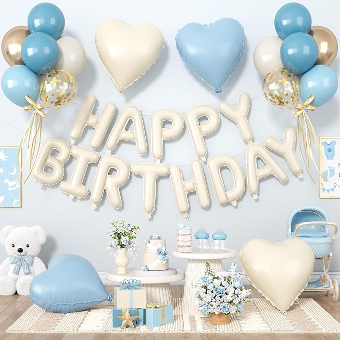 29PC Blue Heart Happy Birthday Balloon Banner, 16Inch 3D Aluminum Letter Banner by Paready