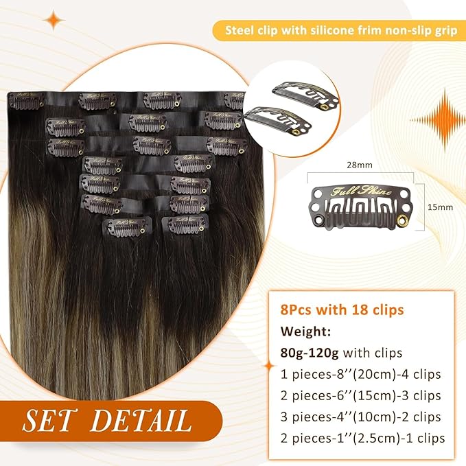 Full Shine Balayage Clip in Hair Extensions 22 Inch Seamless Hair Extensions Clip in Dark Brown to Medium Brown with Caramel Blonde Real Human Hair 8 PCS 120 G