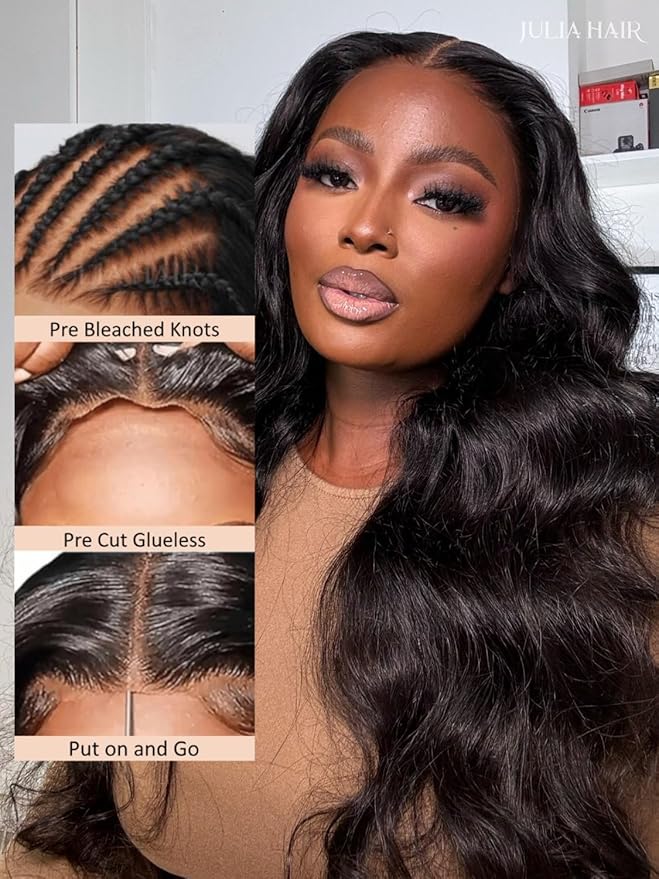 Julia Hair Body Wave Glueless 13x4 Lace Front Wigs Human Hair 12A Pre Cut Lace Frontal Wig Pre Bleached Bye Bye Knots Pre Everything Put on and Go 180% Density Fast Wear Wigs Natural Color 20 Inch