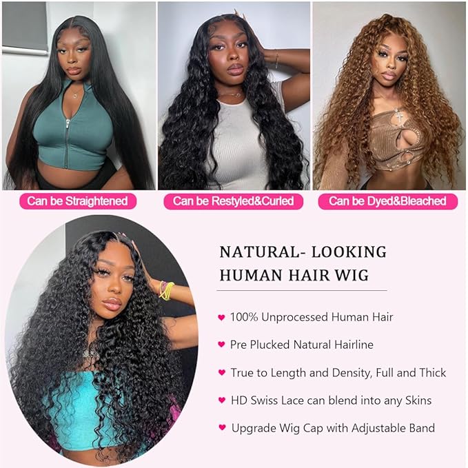 36 Inch 13×6 HD Lace Front Wigs Human Hair Water Wave 200 Density Lace Frontal Wigs Pre Plucked Deep Curly Human Hair Wig for Women Natural Black